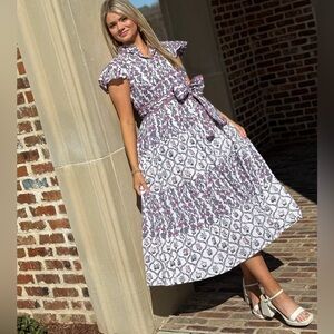 Victoria Dunn Cotton Pleated Ruffle Floral Belted Dress